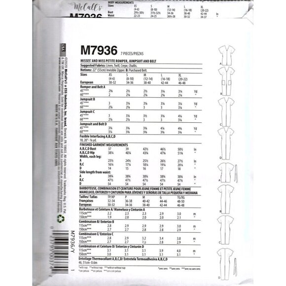 McCall's M7936 Misses L to XXL Jumpsuit and Rompers Uncut Sewing Pattern - Picture 2 of 2